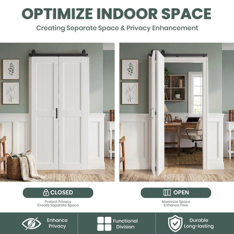 60 By 84 Inch Bifold Barn Door Kit With H Shape Hardware For Tight Squeezes, shown closed and open in a stylish indoor setting.