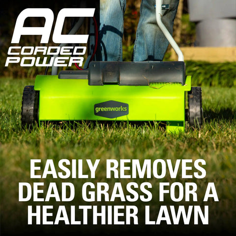 10 Amp 14 Inch Corded Electric Dethatcher with Stainless Steel Tines in use on lawn for a healthier lawn