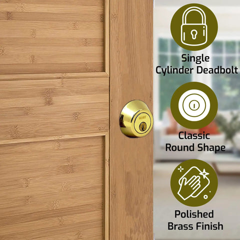 Keyed Alike Single Cylinder Deadbolt Lock Set 4 Pack With Polished Brass Finish for Front or Exterior Doors on wood door