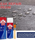 Leak Repair Cream bottle and packaging with brush next to waterproof surface, text highlighting product's effectiveness in blocking water.