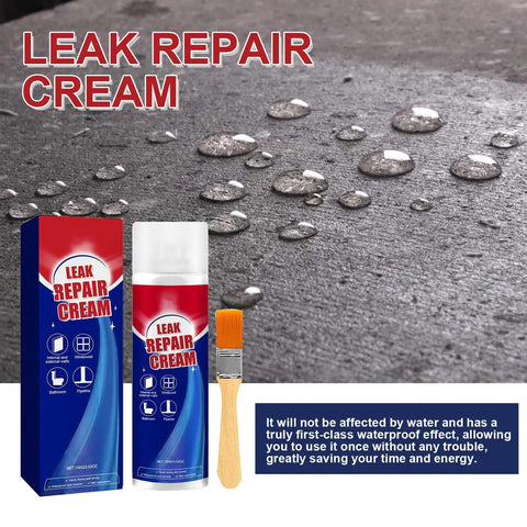 Leak Repair Cream bottle and packaging with brush next to waterproof surface, text highlighting product's effectiveness in blocking water.