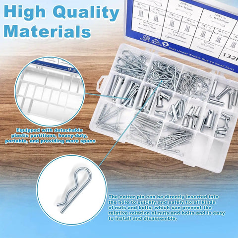 132 Piece Galvanized Steel Clevis Pins Set With 15 Sizes Heavy Duty Assortment Kit organized in a plastic case for various equipment.