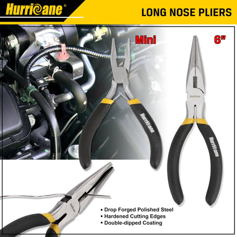 6-inch mini long nose pliers with black and yellow anti-slip handles used in auto maintenance, drop-forged steel construction.