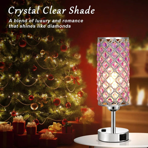 Rose Gold Crystal Touch Lamps Set Of 2 With Dual USB Ports, 3 Way Dimmable Nightstand Lights, pink lamp near Christmas tree
