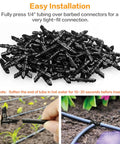 Barbed Drip Irrigation Tee Fittings Kit for Quarter Inch Tubing, 100 Pieces, shown with tubing in hands and garden setup