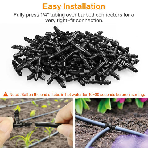 Barbed Drip Irrigation Tee Fittings Kit for Quarter Inch Tubing, 100 Pieces, shown with tubing in hands and garden setup