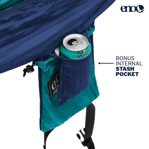 Lightweight One Person Portable Hammock For Camping Hiking Backpacking Travel Festivals And The Beach Seafoam Navy Color With Easy Setup, stash pocket detail with drink can, 9.5 ft length supports 400 pounds