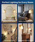 FLSNT Wall Sconces Set of 2, Hardwired E26 Wall Lighting, Modern Polished Gold Vanity Light with Frosted White Glass Shade for Bathroom, Bedroom, Hallway, Stairway, Living Room (Bulbs Not Included) in various settings.