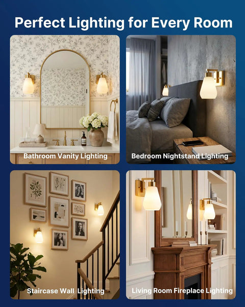 FLSNT Wall Sconces Set of 2, Hardwired E26 Wall Lighting, Modern Polished Gold Vanity Light with Frosted White Glass Shade for Bathroom, Bedroom, Hallway, Stairway, Living Room (Bulbs Not Included) in various settings.