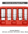3/8 Inch Drive Spark Plug Socket Set, 6 Point, Pro Grade, Includes 5/8 Inch, 3/4 Inch, 13/16 Inch, 14Mm And 18Mm Sockets, in red case.