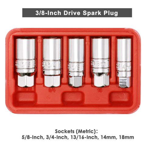 3/8 Inch Drive Spark Plug Socket Set, 6 Point, Pro Grade, Includes 5/8 Inch, 3/4 Inch, 13/16 Inch, 14Mm And 18Mm Sockets, in red case.