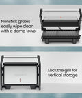 Chefman Indoor Grill Panini Press With Stainless Steel Finish And Nonstick Plates, showing easy clean nonstick grates and vertical storage option.