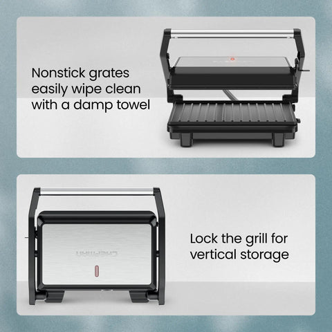 Chefman Indoor Grill Panini Press With Stainless Steel Finish And Nonstick Plates, showing easy clean nonstick grates and vertical storage option.
