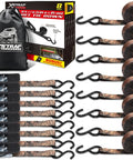 Tough As Nails Camo Ratchet Tie Down Straps Eight Pack One Inch By Ten Feet Three Hundred Pound Working Load Limit Nine Hundred Pound Break Strength displayed with hooks and storage bag.