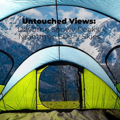 Interior view of 4 Person Easy Pop Up Tent With Automatic Setup No Fuss Waterproof Family Camping Tent With Skylight And Removable Rainfly Two Doors 190T Polyester PU 3000 Coated For Rainy Days And Sunny Campouts overlooking snowy mountains.