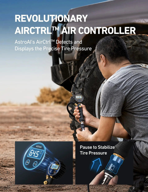 Trail Ready Portable Air Compressor Bad Boy 12 Volt Tire Inflator with digital gauge, user adjusting tire pressure in rugged terrain.