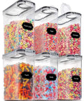 Six Piece Large Airtight Food Storage Containers With Lids 4L Cereal Canisters For Pantry Organization visible with labels