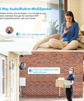 Woman using phone to communicate with delivery person via Outdoor PTZ POE Cam 5MP Dome With 5X Optical Zoom in living room.