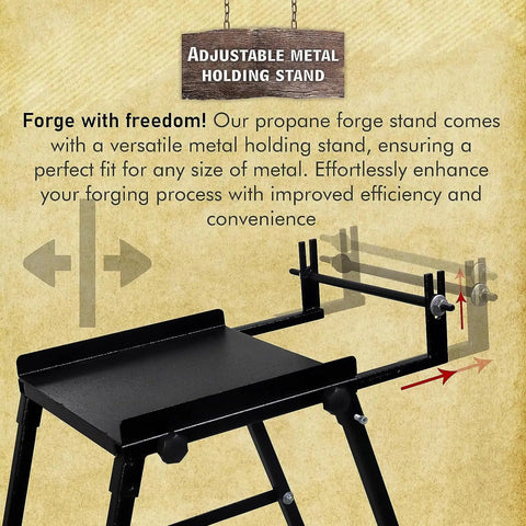 Adjustable metal holding stand for Propane Forge Stand For Single Burner Blacksmith Kits, Heavy Duty Steel Construction.
