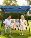 Family sitting on Adjustable Canopy Three Seat Patio Swing For Adults With Heavy Duty Steel Frame And 600 Lb Capacity Outdoor Garden Swing Chair For Backyard Striped Blue Comfort And Easy Shade Adjustment
