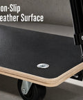 Beefy Heavy Duty 440 Lb Wooden Furniture Dolly With Adjustable Telescoping Handle From Twenty Point Five To Thirty Inches And Four Inch Casters Non Slip Leather Surface For Securely Moving Heavy Pianos And Appliances, close-up of caster and deck