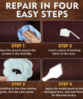 Leather Repair Kit For Furniture And Car Interiors Fix Scratches Tears Holes And Peeling On Couches Sofas Purses And Jackets With Quick Drying Adhesive And Easy To Follow Instructions For DIY Restoration shown in four repair steps.