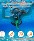 Person using 0.5L portable diving respirator underwater with text showing features like anti-corrosion and voltage technology.