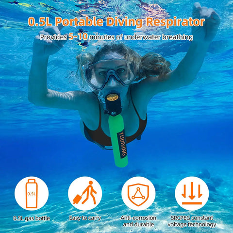 Person using 0.5L portable diving respirator underwater with text showing features like anti-corrosion and voltage technology.