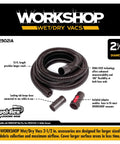 Long Two And A Half Inch By Thirteen Foot Locking Wet And Dry Shop Vacuum Hose With Dual Flex Ends For 180 Degree Reach And Easy Maneuvering Anti Crimp Design Includes Adapters To Fit Most Vacuums Great For Garage And Shop Cleanup, hose coiled with adapters displayed.