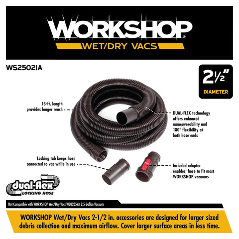 Long Two And A Half Inch By Thirteen Foot Locking Wet And Dry Shop Vacuum Hose With Dual Flex Ends For 180 Degree Reach And Easy Maneuvering Anti Crimp Design Includes Adapters To Fit Most Vacuums Great For Garage And Shop Cleanup, hose coiled with adapters displayed.