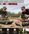 Two men controlling One Sixteenth RC Tank T 72 Soviet Battle Ready Toy With Smoke Sound And Lights on outdoor field