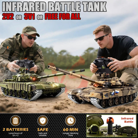Two men controlling One Sixteenth RC Tank T 72 Soviet Battle Ready Toy With Smoke Sound And Lights on outdoor field