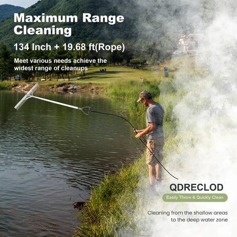Man using Floating Lake Weed Rake With 134 Inch Extension Handle And 20 Foot Rope near a pond for weed removal.