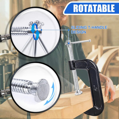 Close-up of Eight Piece 4 Inch Heavy Duty C Clamps Set with cast iron frame showing sliding T-handle and galvanized finish.
