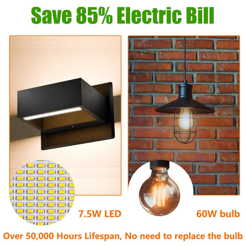 Comparison of Outdoor Up Down Wall Light Fixture LED Porch Wall Lamp Modern Exterior Waterproof Aluminum Sconce and a 60W bulb