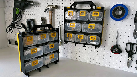 Hardware Tackle Box With Removable Compartment Organizer And Reversible Carrying Case For Screws Nuts And Bolts EZ Clip Compartments Pro Grade Portable Tool Storage With Carry Handle And Adjustable Strap in workshop setting