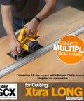 User guiding a circular saw along a Heavy Duty 50 Inch Clamp Guide Track For Circular Saws With Quick One Sided Adjustment.