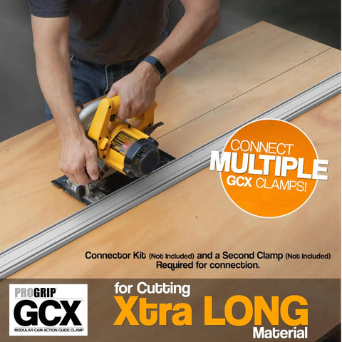 User guiding a circular saw along a Heavy Duty 50 Inch Clamp Guide Track For Circular Saws With Quick One Sided Adjustment.