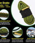 Green gun snake with embedded brass brush, used in 9mm Bore Cleaner And Pro Grade 5 Oz CLP Oil Gun Cleaning Kit With Gun Snake Patches.
