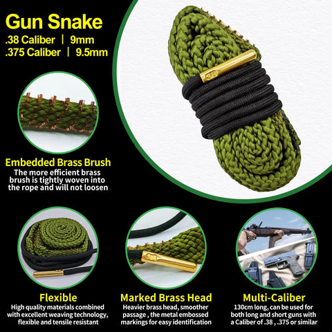 Green gun snake with embedded brass brush, used in 9mm Bore Cleaner And Pro Grade 5 Oz CLP Oil Gun Cleaning Kit With Gun Snake Patches.