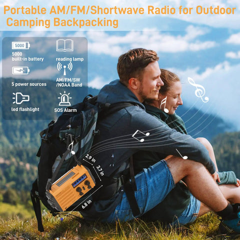 Couple with backpack featuring Prepper Ready Emergency Radio With NOAA Weather Alert 5000mAh Solar Hand Crank Portable AM FM Shortwave USB Charger