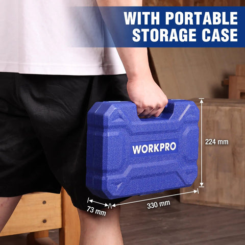 True Workhorse 10 Piece Bevel Edge Wood Chisel Set For Fine Cabinetry And Precision Carving Featuring Tough CRV Steel Blades Sharpening Stone Honing Guide And Solid Carry Case held in hand, showcasing solid blue case dimensions.