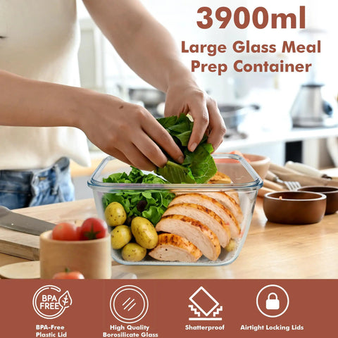 Person using Gigantic 17 Cup Glass Food Storage With Lids Leakproof BPA Free Mega Meal Prep Container for Roasting Turkey, 132 Oz, 3900 ml.