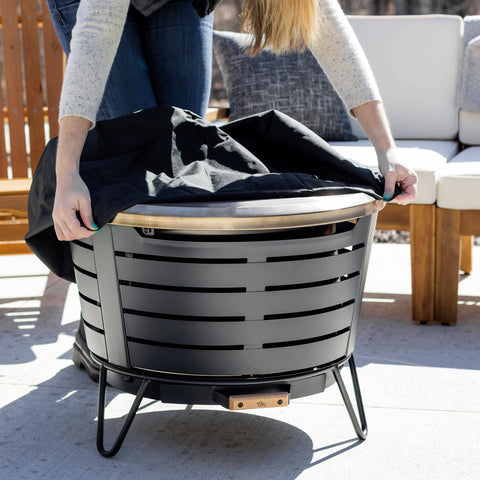 Tabletop Fire Pit Cover For Patio Pits 25.6 Inch Durable Stainless Steel Lid on black fire pit with cover being placed