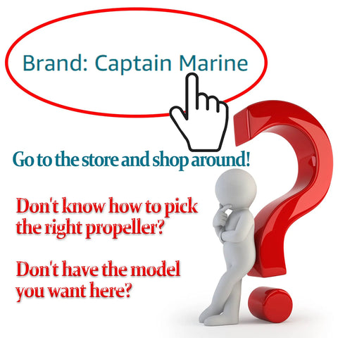 Graphic with Captain Marine logo, hand cursor, and text about selecting the right propeller. 3D figure with red question mark.