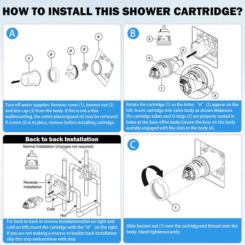 Delta RP46074 shower valve cartridge replacement kit; four-panel installation guide showing disassembly and cartridge installation steps.