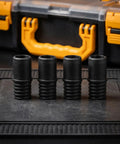 4 Pack 22mm Threaded Broom Handle Tips Replacement Kit Heavy Duty Plastic Multi Tool Adapters in front of a toolbox