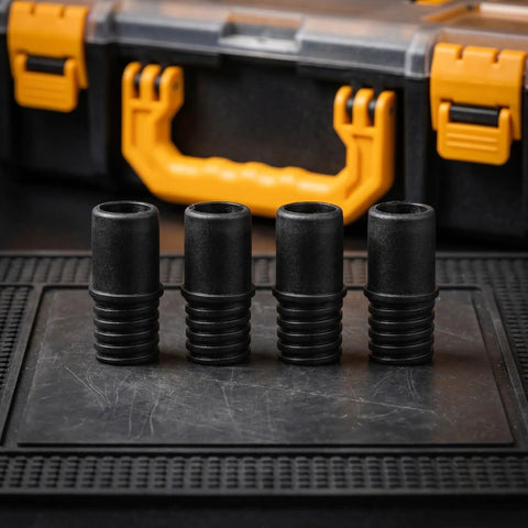 4 Pack 22mm Threaded Broom Handle Tips Replacement Kit Heavy Duty Plastic Multi Tool Adapters in front of a toolbox