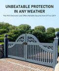 Heavy Duty Electric Gate Lock For Single Or Double Swing Gates, 24VDC Magnetic Gate Latch With Weatherproof IP44 Casing, shown on ornate outdoor gate.