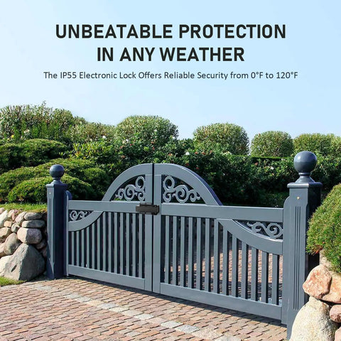 Heavy Duty Electric Gate Lock For Single Or Double Swing Gates, 24VDC Magnetic Gate Latch With Weatherproof IP44 Casing, shown on ornate outdoor gate.